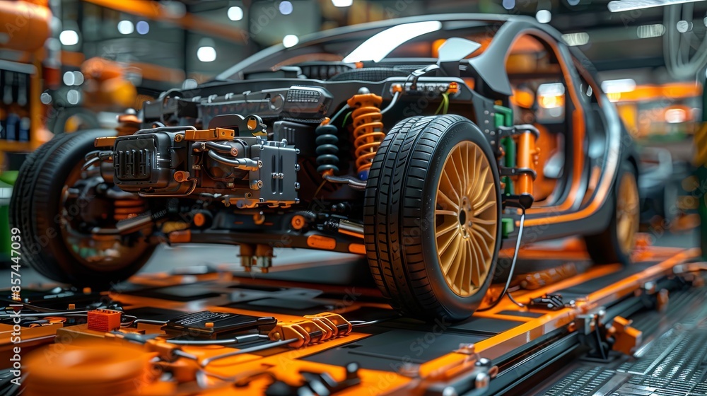 Fototapeta premium Lithium battery setup and electrical connections in electric cars