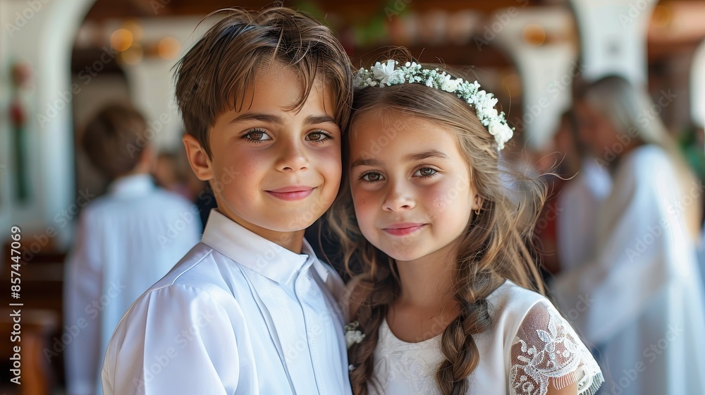 A well-dressed boy and girl with coordinated outfits smile warmly at the camera during a special event, symbolizing togetherness and joy in a beautifully decorated setting. A well-dressed boy and girl with coordinated outfits smile warmly at the camera during a special event, symbolizing togetherness and joy in a beautifully decorated setting.