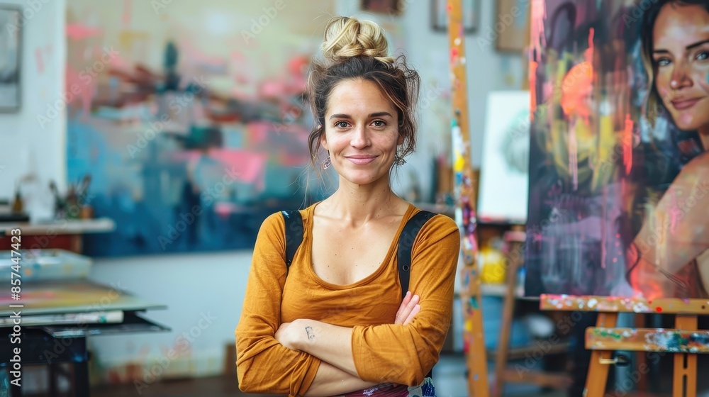 A confident female artist stands in a vibrant art studio, surrounded by her colorful paintings and art supplies, embodying creativity, passion, and dedication to her craft. A confident female artist stands in a vibrant art studio, surrounded by her colorful paintings and art supplies, embodying creativity, passion, and dedication to her craft.