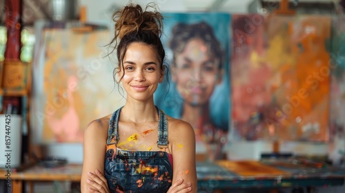 A woman artist standing confidently in her colorful studio, wearing a paint-splattered apron, her work surrounds her, showing creativity and artistic passion. © Pinklife