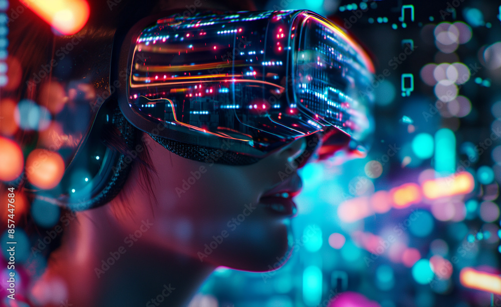 Woman wearing virtual reality headset surrounded by colorful lights. Woman wearing virtual reality headset surrounded by colorful lights.