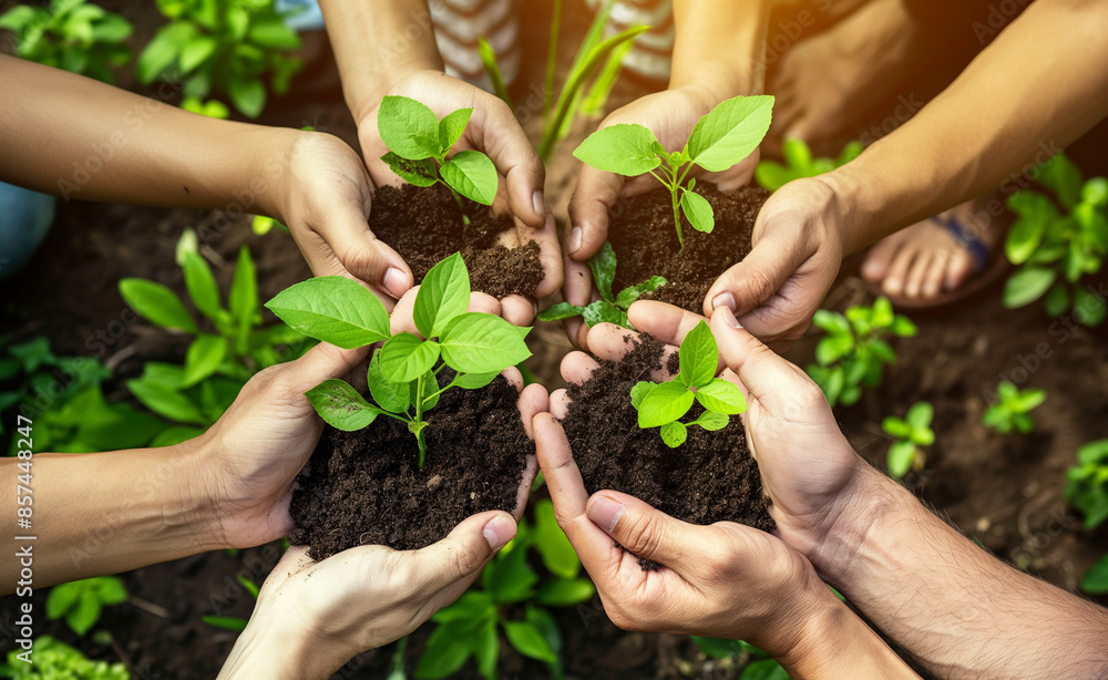 People holding young plants in soil, symbolizing teamwork in gardening or environmental conservation. People holding young plants in soil, symbolizing teamwork in gardening or environmental conservation.