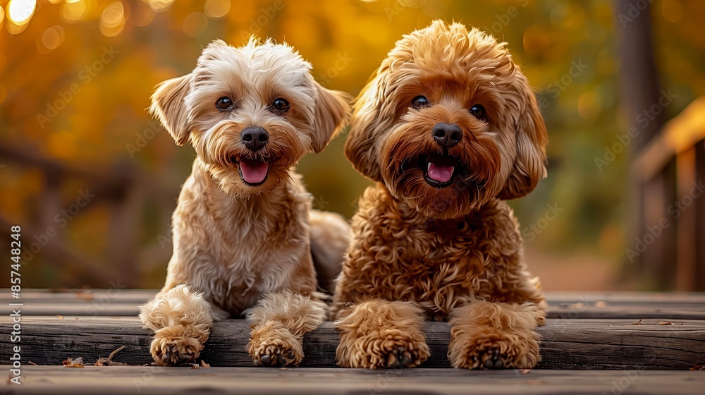 Two Adorable Fluffy Dogs Lying On Wooden Steps, Smiling With Tongues Out Two Adorable Fluffy Dogs Lying On Wooden Steps, Smiling With Tongues Out
