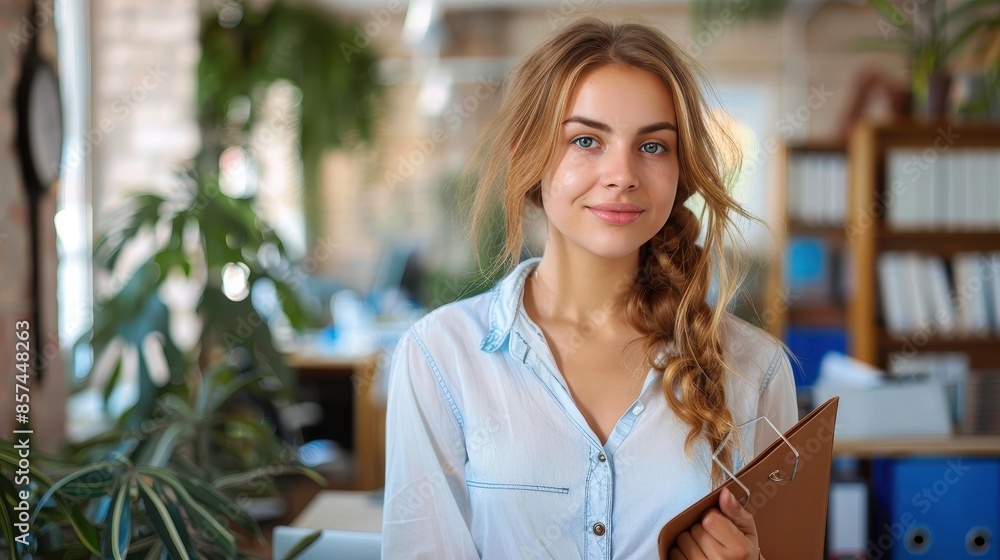 Young woman standing in a modern office, smiling and holding a clipboard, presenting ideas of professional life, productivity, and a positive work environment. Young woman standing in a modern office, smiling and holding a clipboard, presenting ideas of professional life, productivity, and a positive work environment.