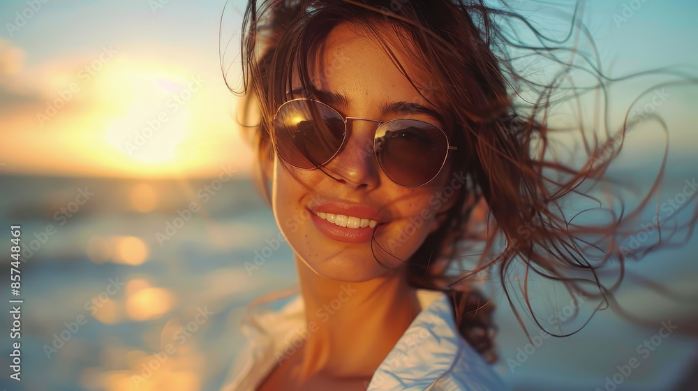 A woman wearing sunglasses and with wind-blown hair, enjoying the sunset at the beach, capturing a moment of tranquility and connection with nature's beauty and freedom. A woman wearing sunglasses and with wind-blown hair, enjoying the sunset at the beach, capturing a moment of tranquility and connection with nature's beauty and freedom.