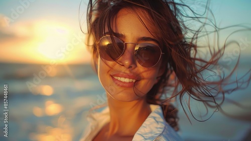 A woman wearing sunglasses and with wind-blown hair, enjoying the sunset at the beach, capturing a moment of tranquility and connection with nature's beauty and freedom.