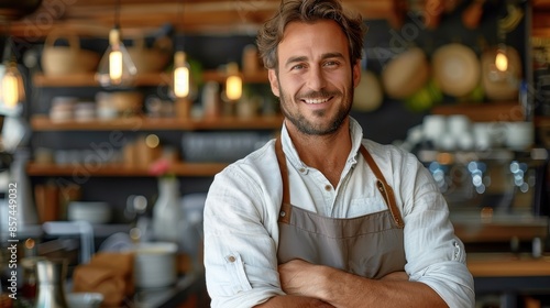 A content cafe owner in an apron smiles broadly as he stands in front of a stylish and well-arranged cafe backdrop, emphasizing camaraderie and customer satisfaction.