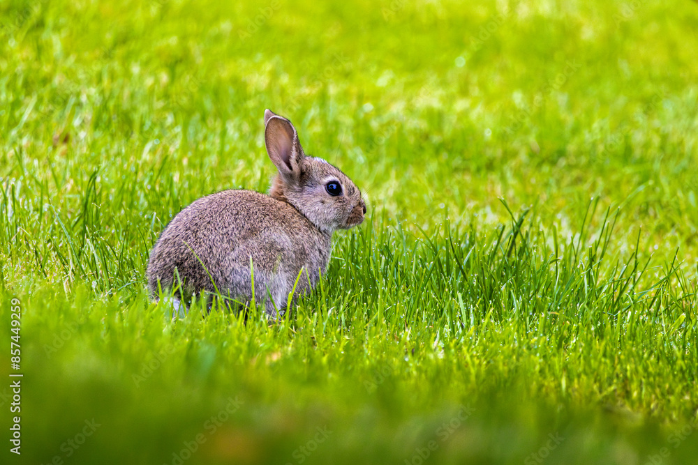 Cute fluffy rabbit on green grass outdoors. Cute fluffy rabbit on green grass outdoors.
