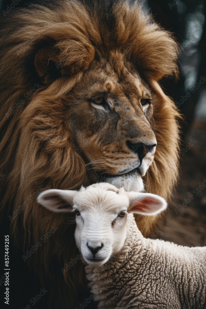 A lion and a lamb stand side by side in harmony A lion and a lamb stand side by side in harmony