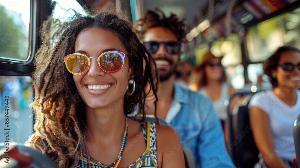 Front view of a happy young woman wearing sunglasses, smiling and enjoying a bus ride with other passengers. The scene is lively and full of positive energy. Front view of a happy young woman wearing sunglasses, smiling and enjoying a bus ride with other passengers. The scene is lively and full of positive energy.