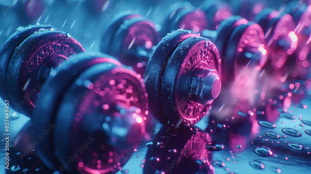 Wet dumbbells in a neon-lit gym environment.
Wet dumbbells in a neon-lit gym environment.
