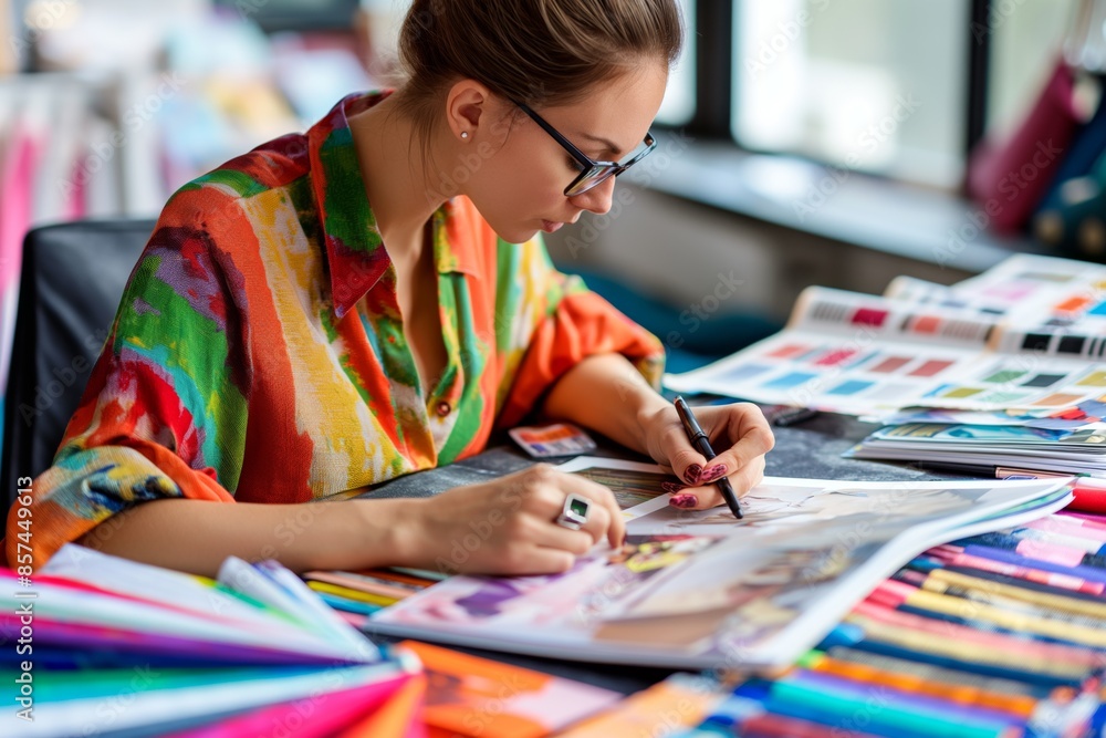 A woman in a vibrant outfit focuses on sketching at her colorful, creative workspace. A woman in a vibrant outfit focuses on sketching at her colorful, creative workspace.