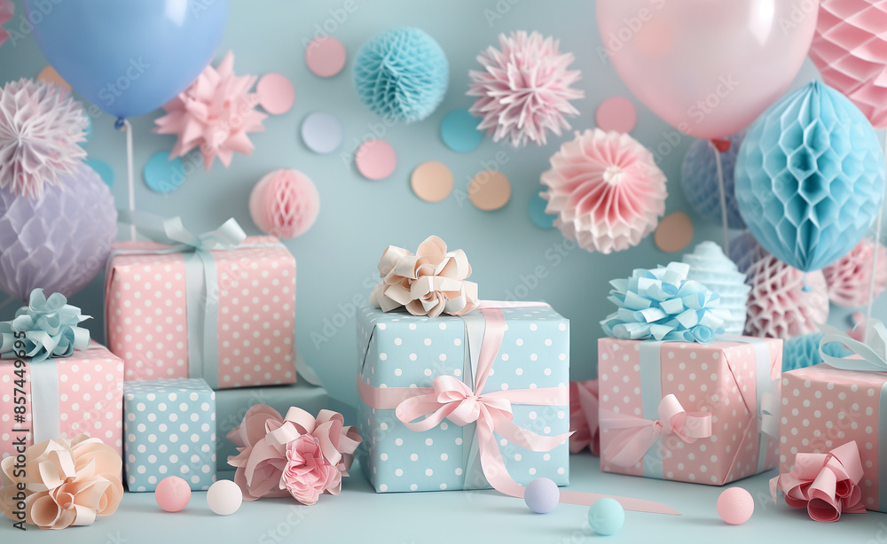 Gift boxes with pink and blue ribbons surrounded by decorative balls and pom-poms. Gift boxes with pink and blue ribbons surrounded by decorative balls and pom-poms.
