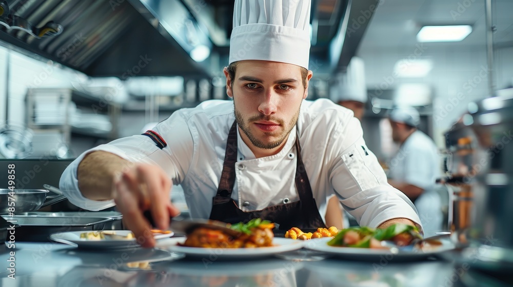 A focused chef in white attire and a traditional hat carefully plating a gourmet dish in a spotless, professional kitchen, embodying culinary excellence and dedication. A focused chef in white attire and a traditional hat carefully plating a gourmet dish in a spotless, professional kitchen, embodying culinary excellence and dedication.
