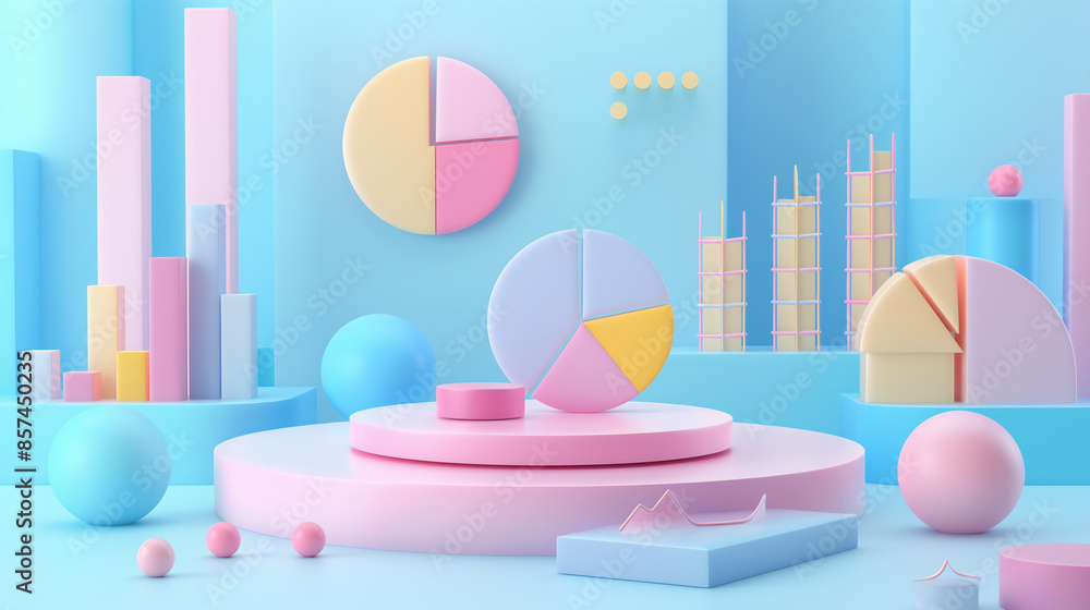 A colorful 3D bar chart and pie chart display on a pastel blue and pink background. A colorful 3D bar chart and pie chart display on a pastel blue and pink background.