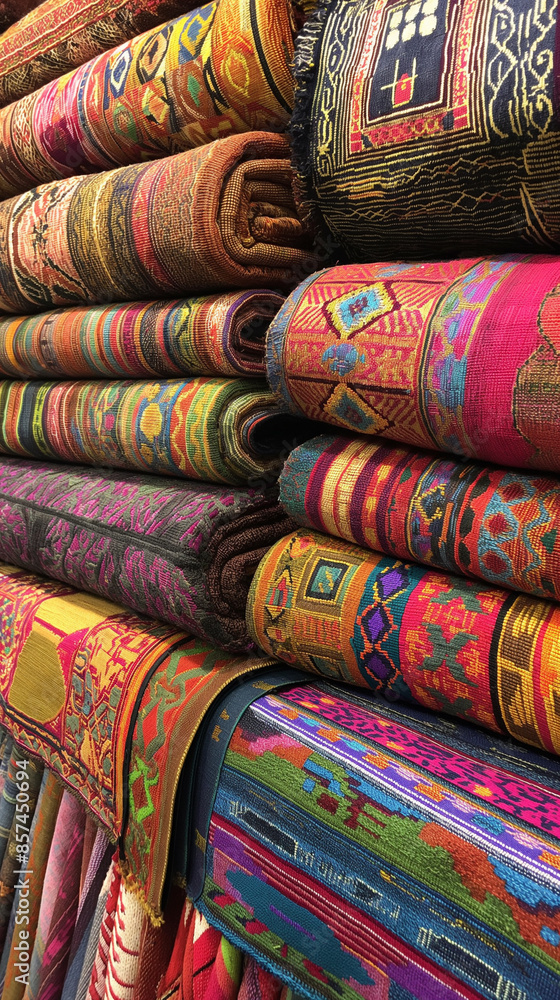 A display of colorful, intricately patterned rolled-up textiles at a market. A display of colorful, intricately patterned rolled-up textiles at a market.