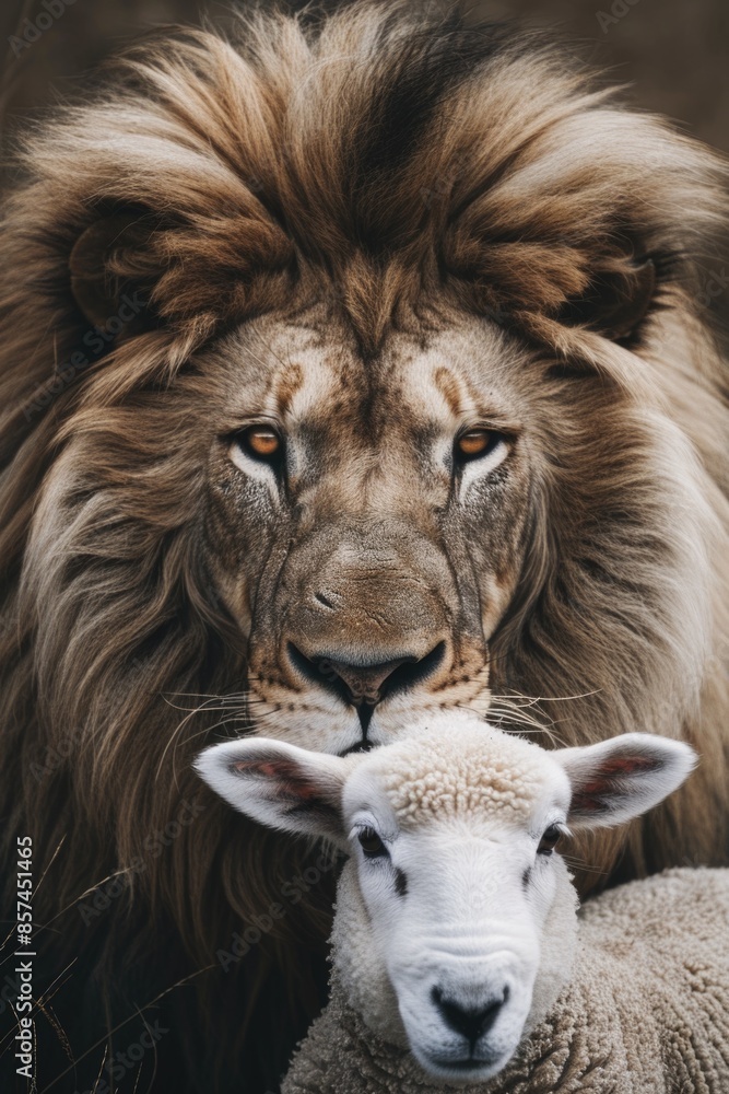 A lion and a lamb standing peacefully side by side A lion and a lamb standing peacefully side by side