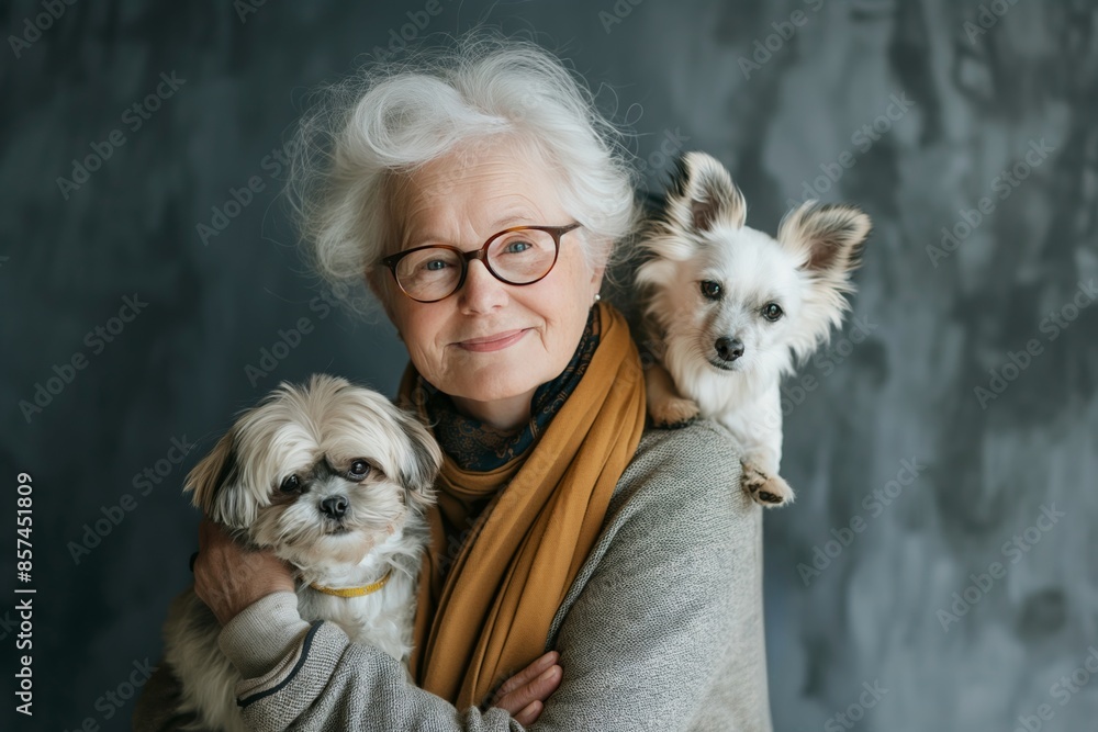 Happy senior woman with glasses, cuddling two adorable dogs, showcasing love and companionship. Happy senior woman with glasses, cuddling two adorable dogs, showcasing love and companionship.