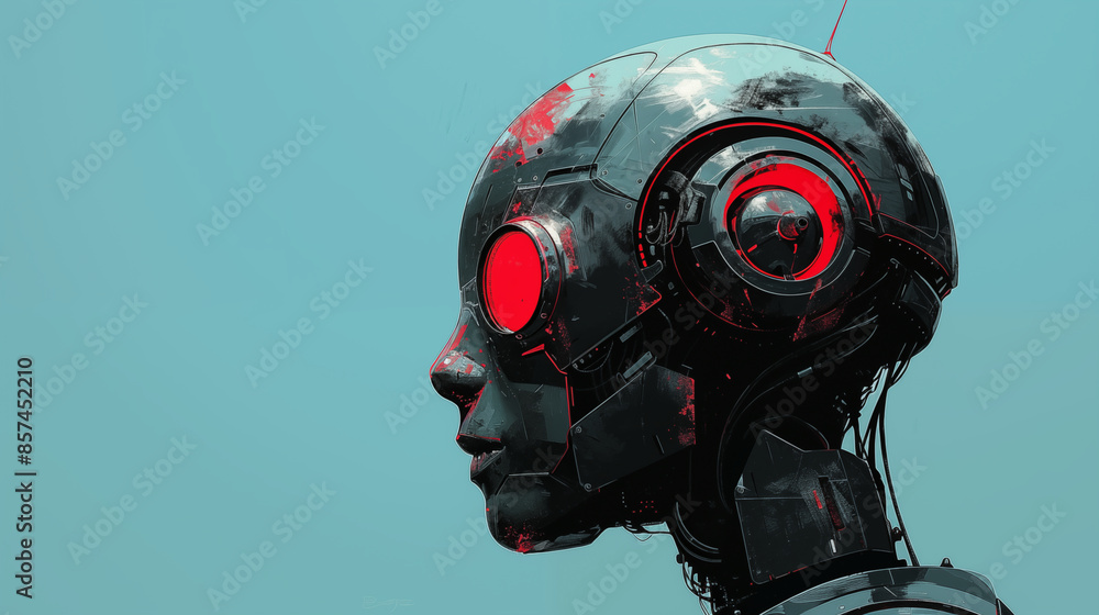Futuristic robotic head with glowing red eye and intricate mechanical details against teal background. Concept of artificial intelligence, technology, and the future of robotics. Futuristic robotic head with glowing red eye and intricate mechanical details against teal background. Concept of artificial intelligence, technology, and the future of robotics.
