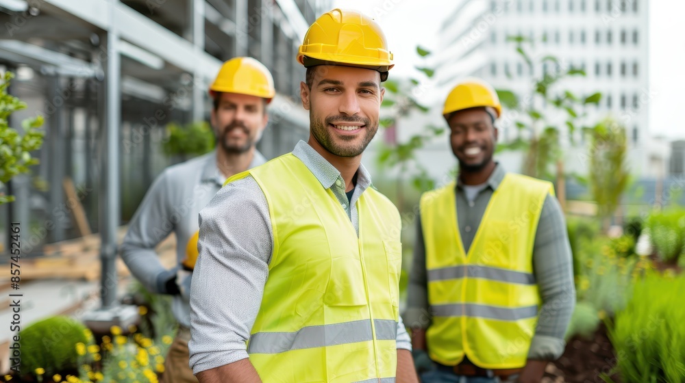 Landscaper and Construction Team Collaborating on a Project in an Urban Setting Landscaper and Construction Team Collaborating on a Project in an Urban Setting