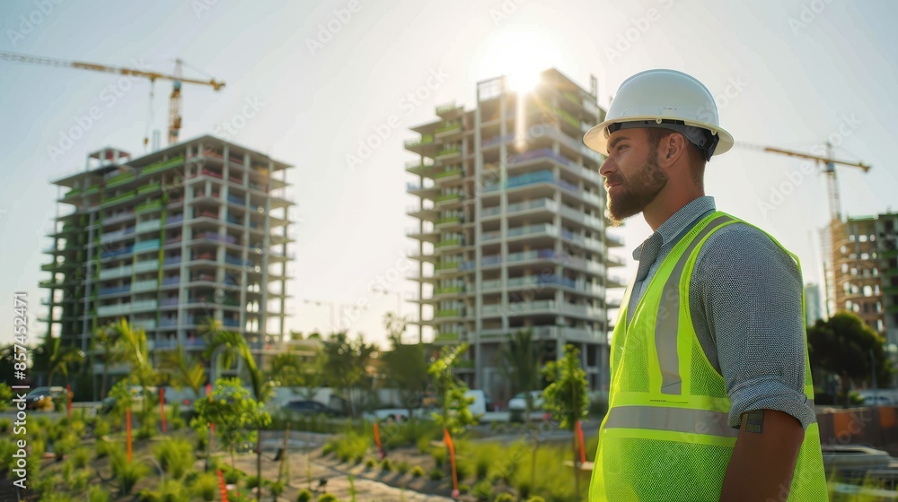 Construction Worker Surveying New Apartment Building Landscape Construction Worker Surveying New Apartment Building Landscape