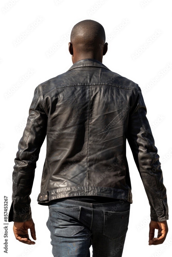 A person wearing a black leather jacket and possibly walking somewhere A person wearing a black leather jacket and possibly walking somewhere