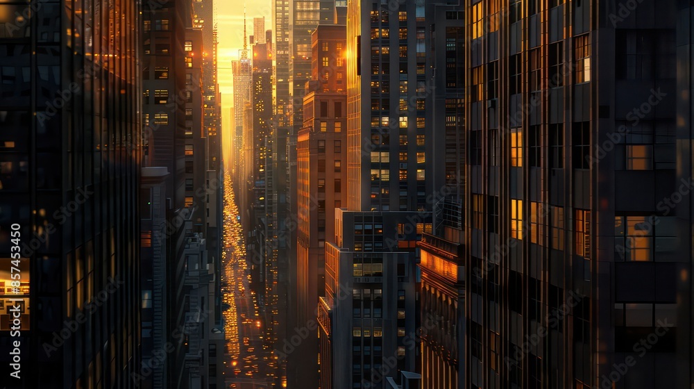 A cityscape at dusk, with towering buildings A cityscape at dusk, with towering buildings