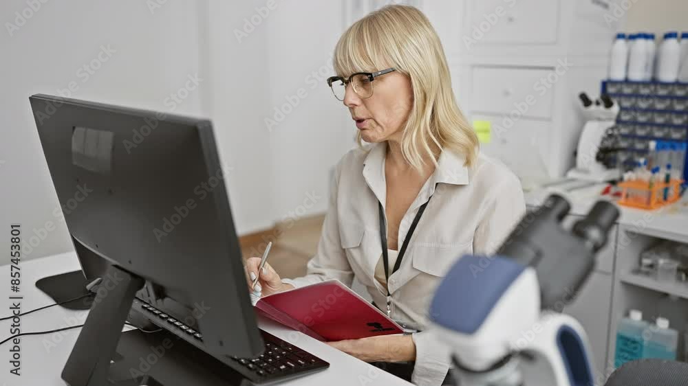 Caucasian woman scientist analyzing data on computer in modern laboratory. Caucasian woman scientist analyzing data on computer in modern laboratory.