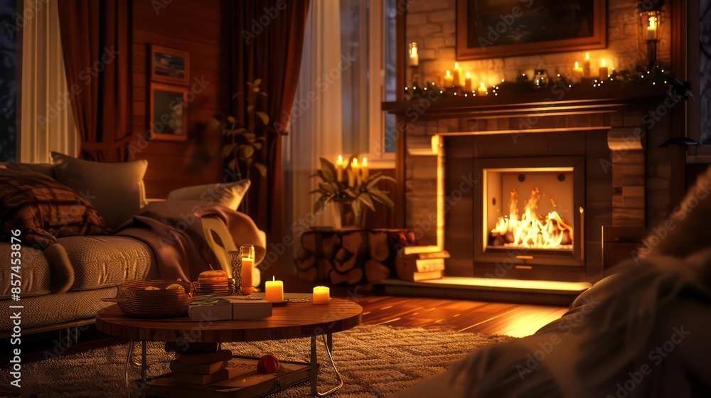 A cozy and inviting image of a living room with a warm fireplace and plush furniture A cozy and inviting image of a living room with a warm fireplace and plush furniture