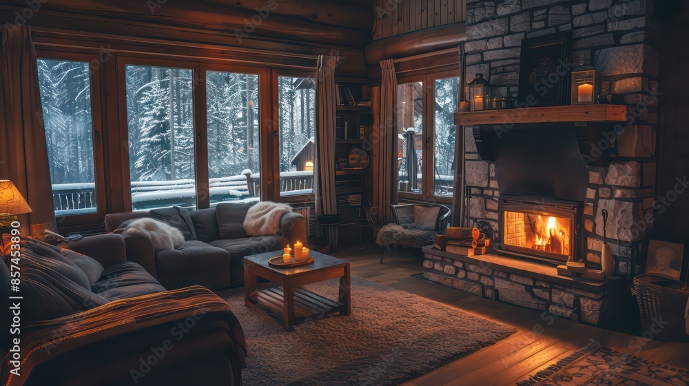 A cozy and inviting image of a living room with a warm fireplace and plush furniture A cozy and inviting image of a living room with a warm fireplace and plush furniture