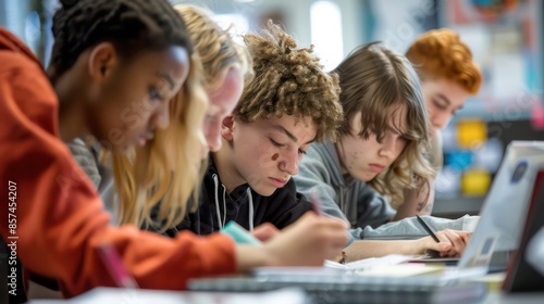 A diverse group of students working together on a project in a classroom