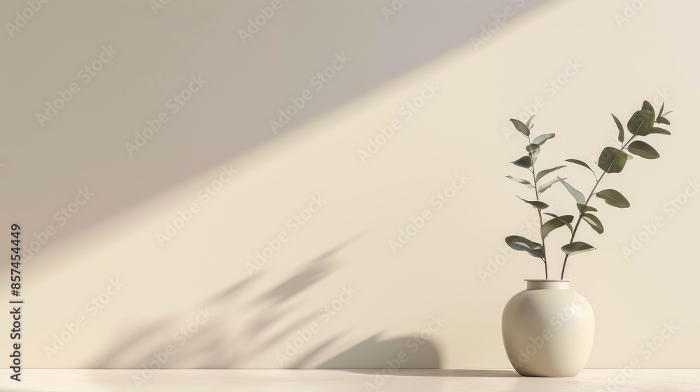 Minimal concept Eucalyptus branch in vase on beige backdrop with empty space Minimal concept Eucalyptus branch in vase on beige backdrop with empty space