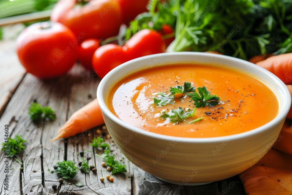 Vegetable filled carrot soup on wooden table Vegetable filled carrot soup on wooden table