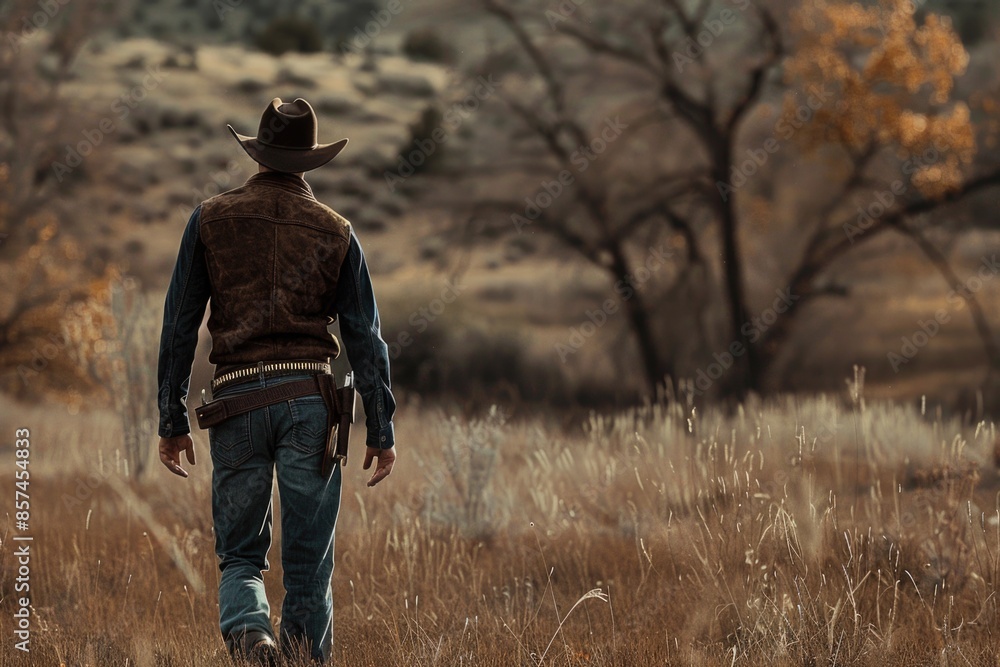 A man wearing a cowboy hat walks across a green field, possibly on a hike or nature walk A man wearing a cowboy hat walks across a green field, possibly on a hike or nature walk