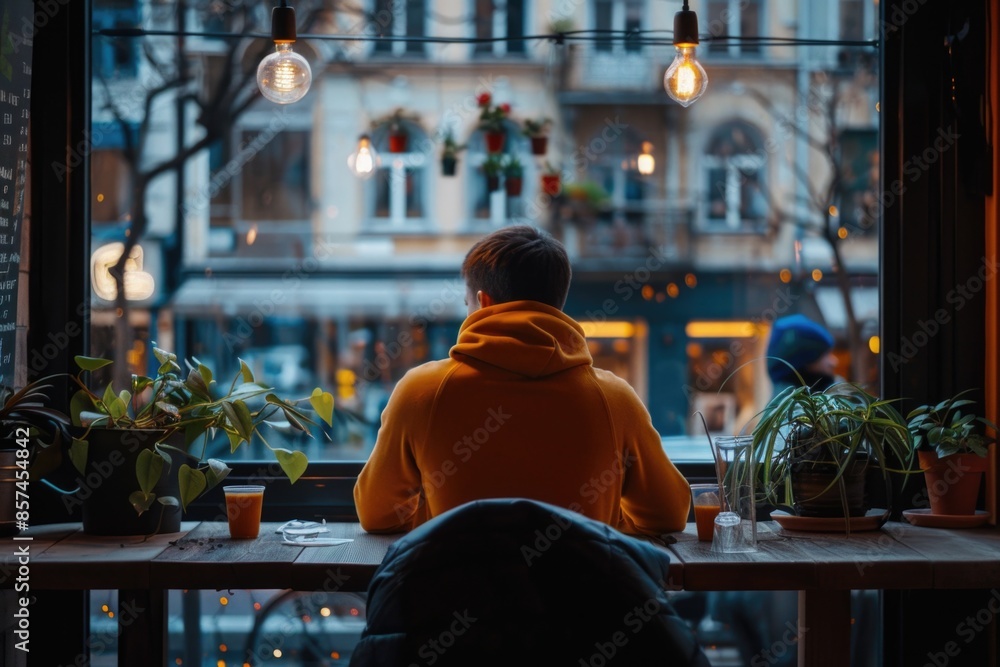 A man in a yellow hoodie sits alone at a cafe, gazing out at the busy street. The dimly lit setting creates a cozy vibe A man in a yellow hoodie sits alone at a cafe, gazing out at the busy street. The dimly lit setting creates a cozy vibe