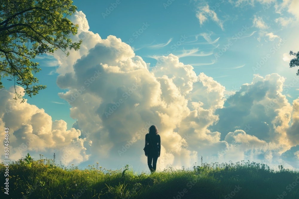 A single figure walks across a green field towards a horizon filled with fluffy white clouds. The sky is bright blue and the sun is shining, creating a sense of peace and tranquility A single figure walks across a green field towards a horizon filled with fluffy white clouds. The sky is bright blue and the sun is shining, creating a sense of peace and tranquility