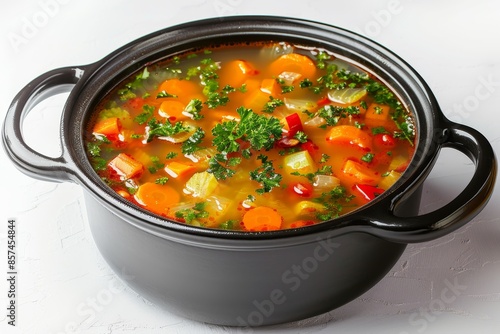 Vegetable soup in white pan