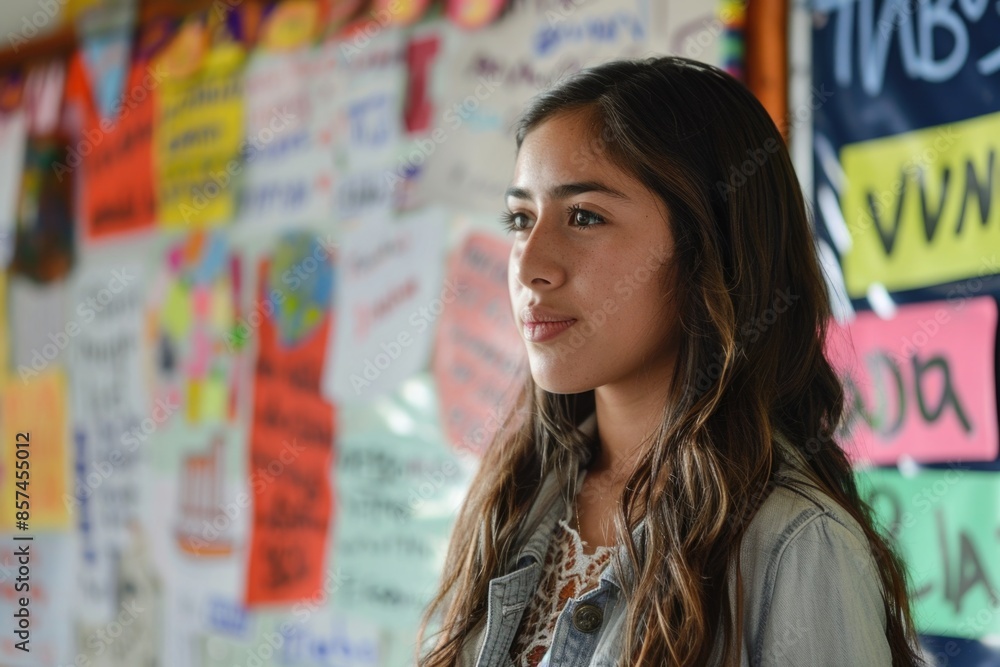 A young woman with long brown hair stands in front of a wall covered in colorful papers, thoughtfully looking off to the side A young woman with long brown hair stands in front of a wall covered in colorful papers, thoughtfully looking off to the side