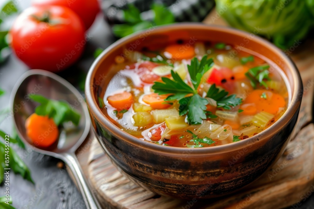 Vegetable soup with tomatoes bell peppers and carrots Vegetable soup with tomatoes bell peppers and carrots