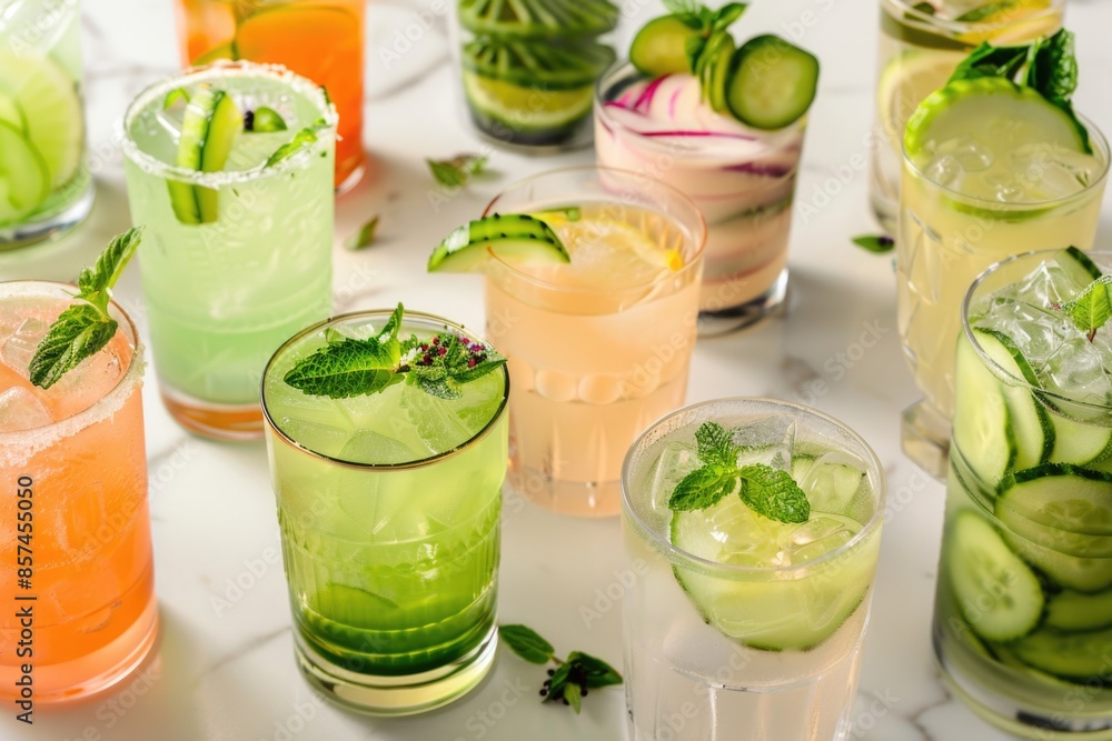 A close-up image of various refreshing cocktails, all featuring cucumber slices and garnished with mint A close-up image of various refreshing cocktails, all featuring cucumber slices and garnished with mint