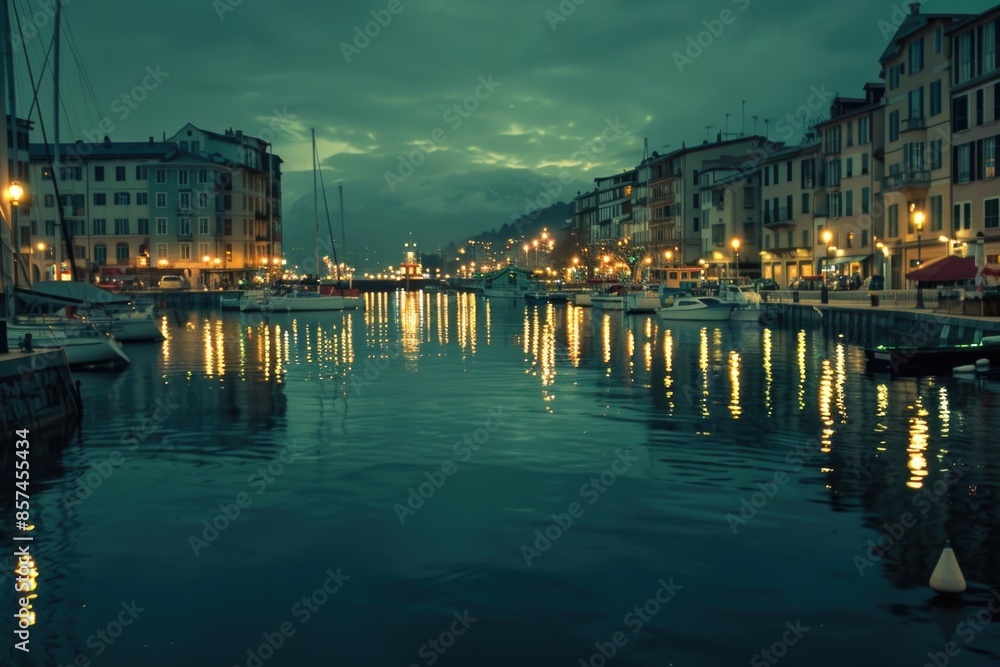 Obraz premium A picturesque harbor scene at twilight, with city lights reflecting in the calm waters. Boats are docked in the harbor, and buildings line the waterfront