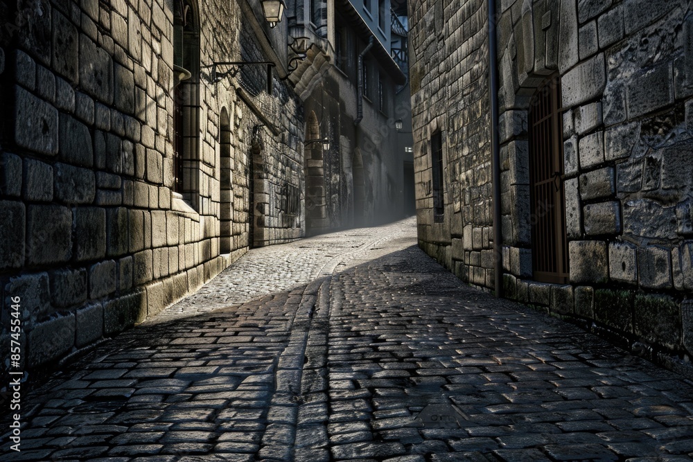 A historic cobblestone street with a clock tower standing tall in the background A historic cobblestone street with a clock tower standing tall in the background