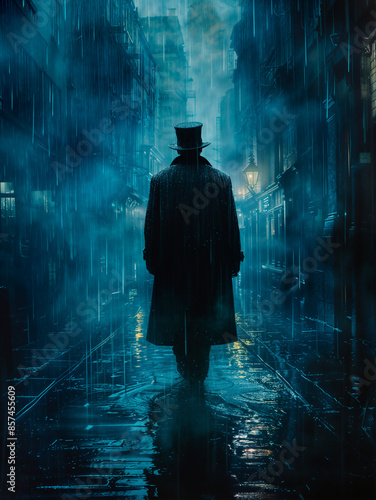 Man in an overcoat and tophat walking down a street in old London