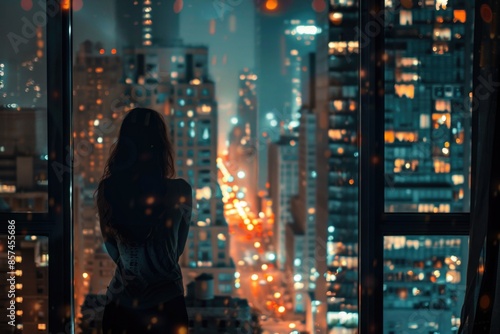 Wallpaper Mural A woman stands silhouetted against a window, looking out at a cityscape illuminated by twinkling lights Torontodigital.ca