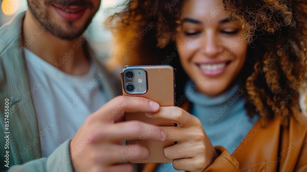 Fototapeta premium A joyful couple leans in closely, sharing a moment of laughter as they look at a smartphone screen, reflecting connection and modern communication.