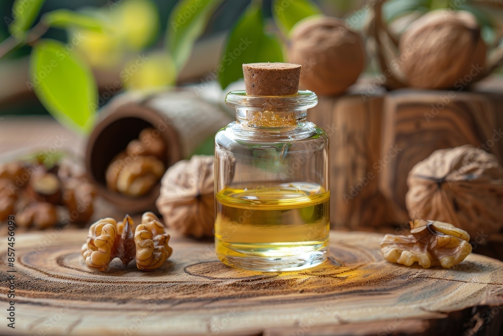 Walnut oil for cosmetic and therapeutic use displayed on a wooden background Walnut oil for cosmetic and therapeutic use displayed on a wooden background