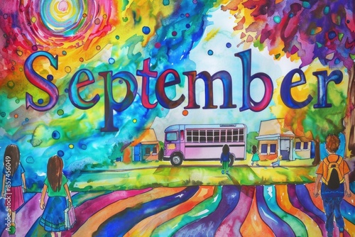 A watercolor painting depicts the word September against a vibrant rainbow sky with children and a school bus