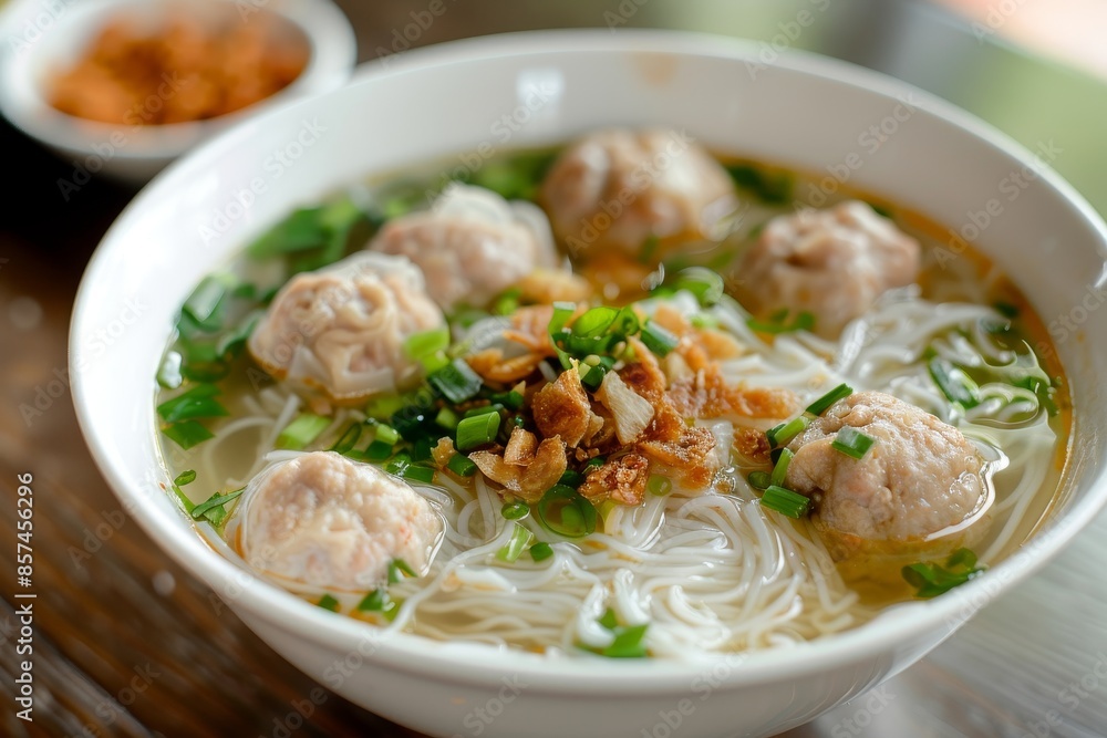 White bowl with pork ball rice noodle soup White bowl with pork ball rice noodle soup