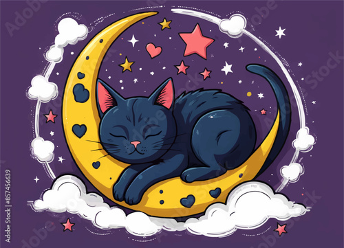 Vector drawing for children t-shirt.  Cute black cat sleeps at night on moon in clouds with stars and hearts on lilac background. Cartoon design for textile, 
paper, fabric, kids clothing, pajamas. 