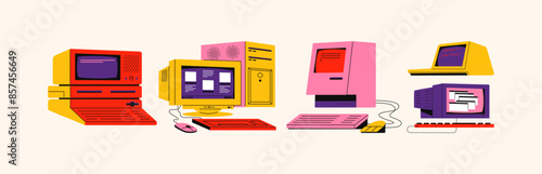 Retro old computers in Memphis 90s style. Nostalgia cartoon personal computer user interface. Groovy vaporwave devices from the 00s	